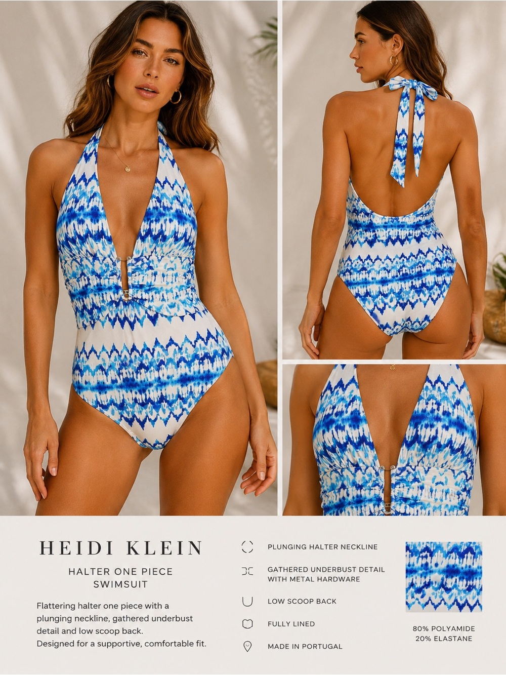 Heidi Klein XS Blue White Ikat Print Halter One Piece Swimsuit Luxury Swimwear